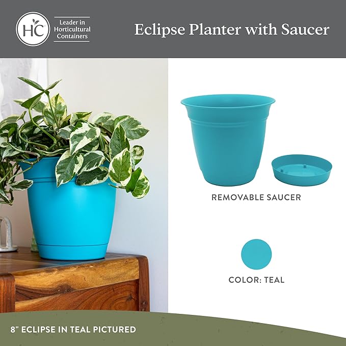 The HC Companies 20 Inch Eclipse Round Planter Pots with Drainage Holes & Attached Saucer, Lightweight UV-Resistant Plastic Indoor & Outdoor Planters, 2-Pack Flower Pots for Garden & Home Decor, Teal