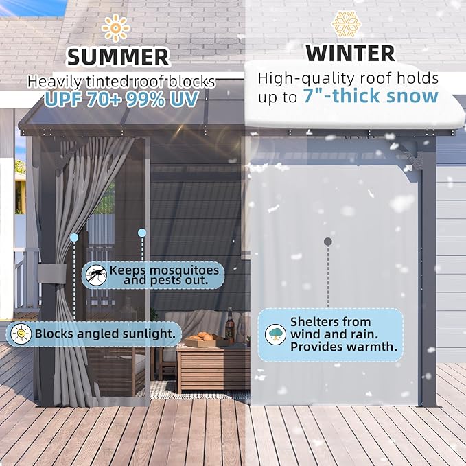 AECOJOY 12' x 8' Gazebo Outdoor Pergola with Curtains and Netting, 8'x12' Hard Top Lean to Pergolas and Gazebos Clearance with Patio Roof, Large Wall-Mounted Heavy Duty Awnings for Patio, Decks