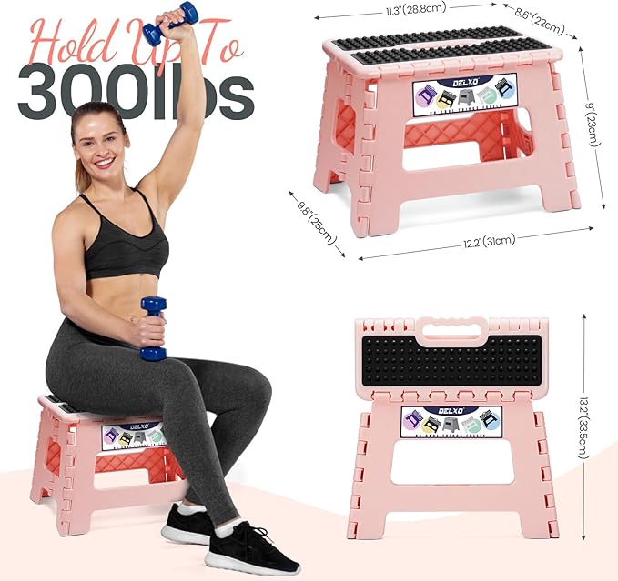 Delxo Folding Step Stool 9 Inch,Non-Slip Foldable Stools for Kids & Adults Up to 300 LBS,Kitchen Collapsible Fold Up Stepping Stool with Dotted 1 Pack,Pink