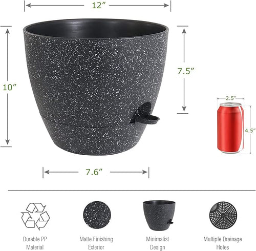 12inch 2Pack Large Self Watering Planters, Plastic Plant Pots with 60oZ Removable Deep Reservoir and Multi Mesh Drainage Holes for Indoor Outdoor Garden Plants and Flowers, Black Speckles