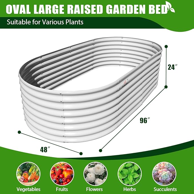 A ANLEOLIFE 12-Set 8X4X2 ft Galvanized Raised Garden Bed Kit, Oval Metal Deep Root Planters for Outdoor Plants, Antique White