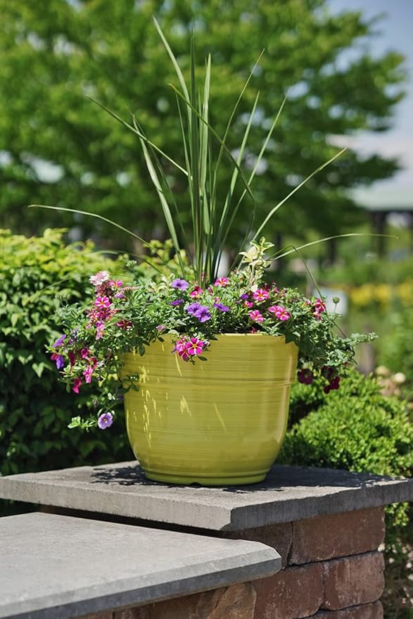 Garden Elements Indoor/Outdoor Glazed Brushed Happy Plastic Planter, Large, Bright Yellow, 15" (Pack of 2)