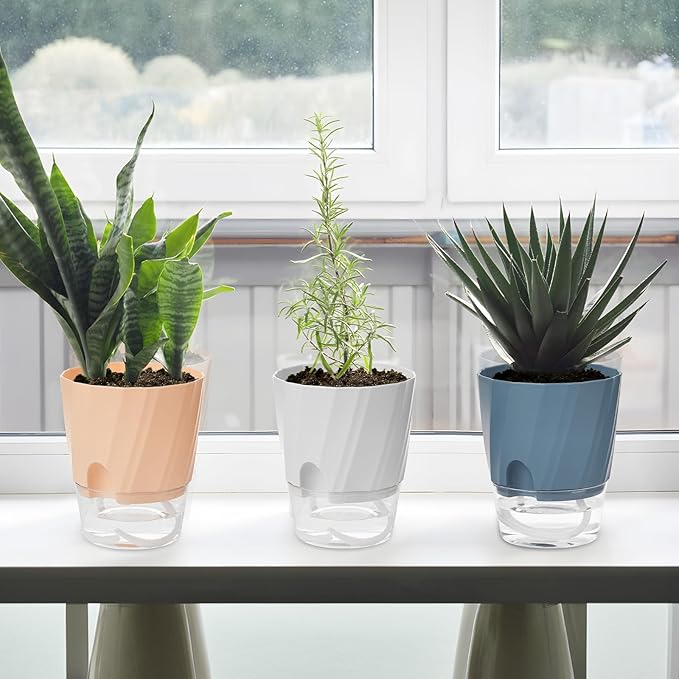 KIMCHOMERSE Self Watering Plant Pots, 6 Inch Plant Pots 6-Pack Indoor Planter Pots with Drainage Holes and Tray for Home Decor（2White, 2Pink, 2Blue）