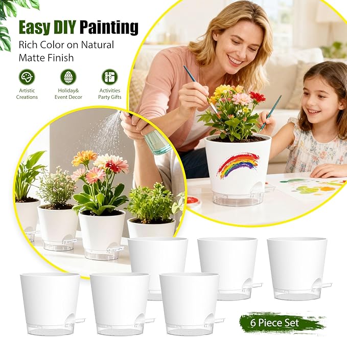 Plant Pots 7 Inch Self Watering Pots, 6 Pack Plastic Planters with Drainage Holes and Clear Saucers,Plastic Flower Pots for Indoor Out Door Plants(White)