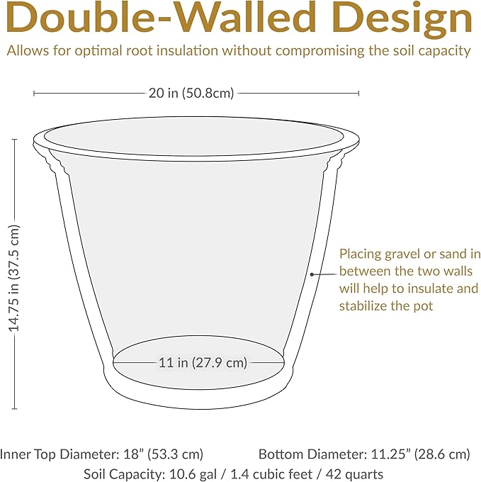 Sunnydaze 20-Inch Franklin Large Plant Pot - Polyresin Round Outdoor Planter with Drillable Drainage Hole - 2 Pack - Sable