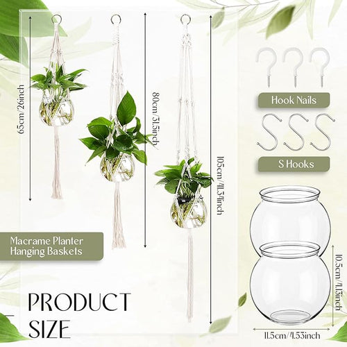 12 Pcs Plastic Plant Propagation with Boho Macrame Hanger Wall Plant Propagation Station Hanging Holder Include Hooks Kit for Indoor Home Garden Office Decor 3 Size (White)