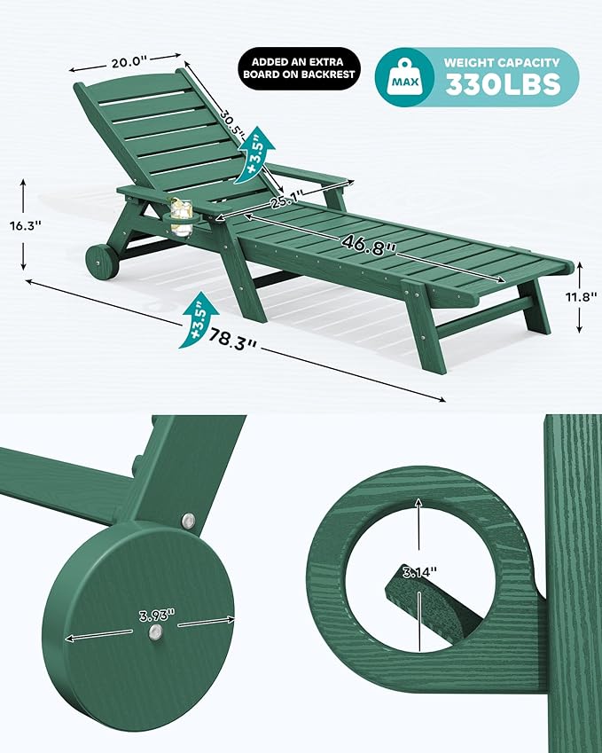 SERWALL Patio Chaise Lounge Chair, 78'' Long HDPE 5 Positions Adjustable Outdoor Lounger, Poly Lounge Chair with Rolling Wheels & Cup Holder for Pool, Dark Green