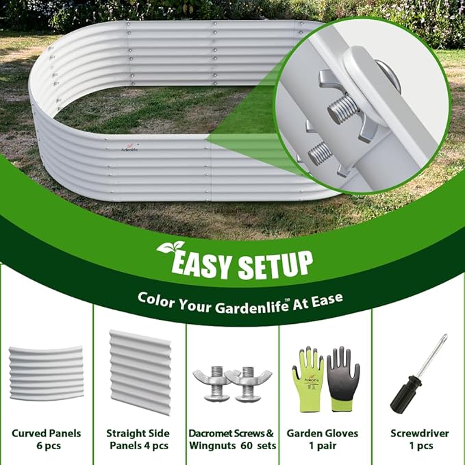 A ANLEOLIFE 7-Set 8X4X2 ft Galvanized Raised Garden Bed Kit, Oval Metal Deep Root Planters for Outdoor Plants, Antique White
