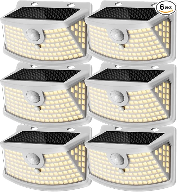 Aootek New Solar Motion Sensor Lights 120 LEDs with Lights Reflector,270° Wide Angle, IP65 Waterproof, Step Lights for Front Door, Yard, Garage, Deck (White, Warm White, 6-Pack)