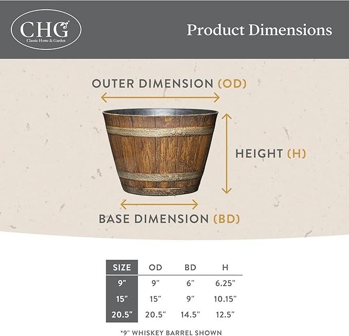 Classic Home and Garden Whiskey Plastic Resin Flower Pot Barrel Planter, Oak Brown, 20.5" (4 Pack)