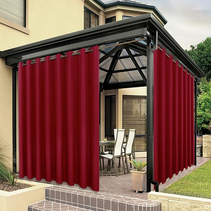 BONZER Wide Waterproof Outdoor Curtains for Patio Heavy Privacy Light Filtering Grommet Outside Curtains for Porch, Pergola, Gazebo, 1 Panel, 110W x 108L inch, Red