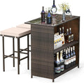 Tangkula 3 Piece Patio Bar Set, Outdoor Rattan Bar Table and 2 Stools with Tempered Glass Tabletop, 2-Tier Storage, Removable Cushions, Outside Wicker Conversation Set
