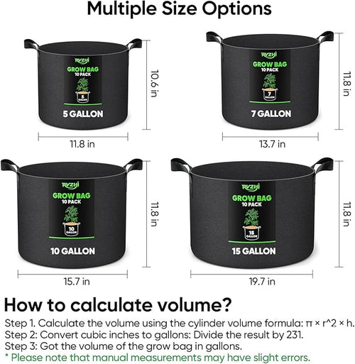 15 Gallon 10-Pack Plant Grow Bags: 350G Thickened Nonwoven Potato Grow Bags with Handles, Black Fabric Flowers Pots Felt Garden Bags, Gardening Supplies for Growing Vegetable Fruit Tomato Herbs