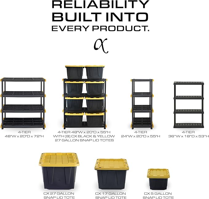 CENTREX CX 4-Tier Heavy Duty Plastic Storage Shelves that Support up to 150lbs/shelf, Organization and Storage, Weather-Resistant Design, Easy Assembly, 2 Pack, Black (53”H x 36”W x 18”D)