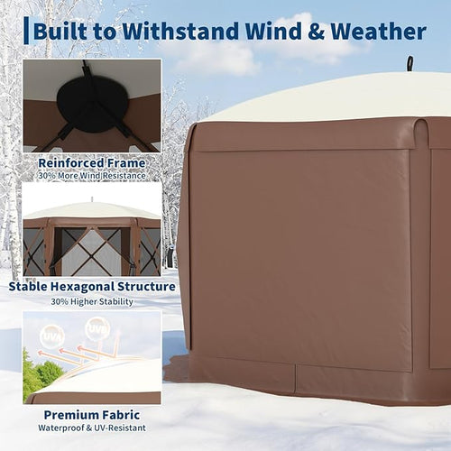 13x13FT 6-Sided Pop Up Gazebo Tent，One-Push Setup Canopy Tent with Removable Canopy Top & Wind Cloths, Outdoor shelter for Camping, Backyard Parties, Outdoor Events - Beige & Khaki