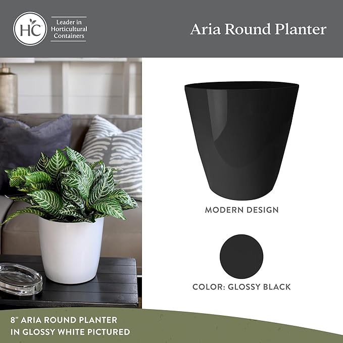 The HC Companies Aria Round Self-Watering Pot - Lightweight Plastic Planter for Herbs & More - Durable Plant Pots for Indoor Plants & Outdoor Plants (10" Glossy Black, Pack of 1)