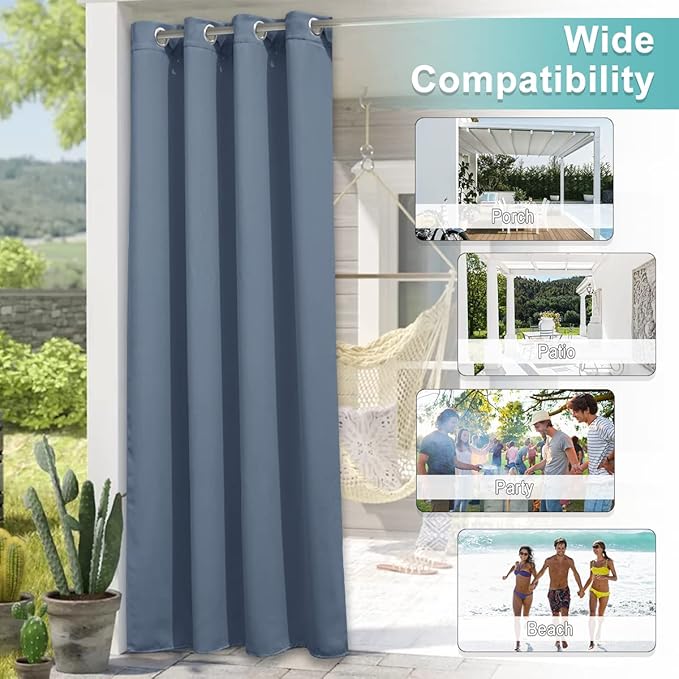 NICETOWN Outdoor Curtains for Patio W100 x L84 inch 2 Pieces, Sun Blocking Screen Shades 100% Privacy for Garage Window Patio Door Pergola Pool Hut, Weatherproof Blinds for All Season, Stone Blue