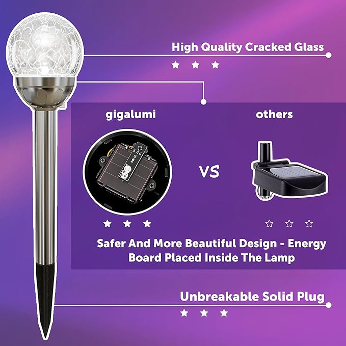 GIGALUMI Solar Outdoor, Cracked Glass Ball Solar Garden Lights, Color Changing Lights Outdoor,Garden LED for Path, Patio, Yard, 6 Pack Pathway