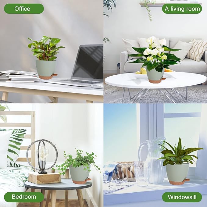 Planters for Indoor Plants, 8/7/6.5/6/5.5/5 Inch Self Watering Planters with Drainage Hole, Plastic Planters Flower Pots for Indoor Outdoor Plants (Green)