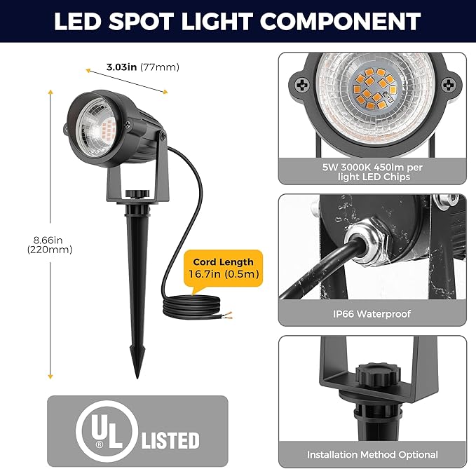L LOHAS LED 5W Low Voltage Landscape Lighting, 12V 24V Outdoor Spot Lights with Connectors, IP66 Waterproof 3000K Warm White Plug in Spotlights for Yard, Garden, Pathway, House (4 Pack)