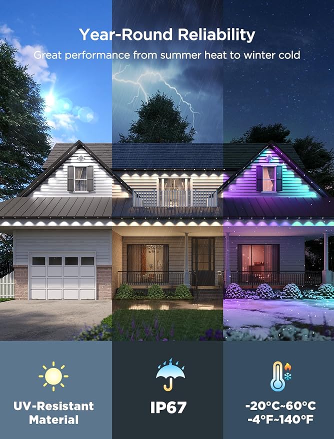 Govee Permanent Outdoor Lights 2, 100ft RGBIC Outdoor Lights with 16 Million Colors and 100 Scene Modes, IP67 Waterproof, Holiday & Party Decorations, Works with Alexa, Google Assistant, White