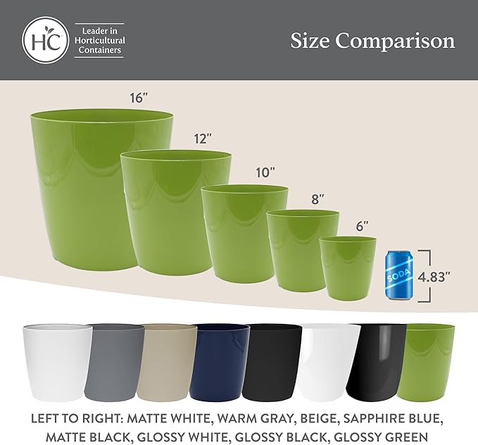 The HC Companies Aria Round Self-Watering Pot - Lightweight Plastic Planter for Herbs & More - Durable Plant Pots for Indoor Plants & Outdoor Plants (8" Glossy White, Pack of 1)