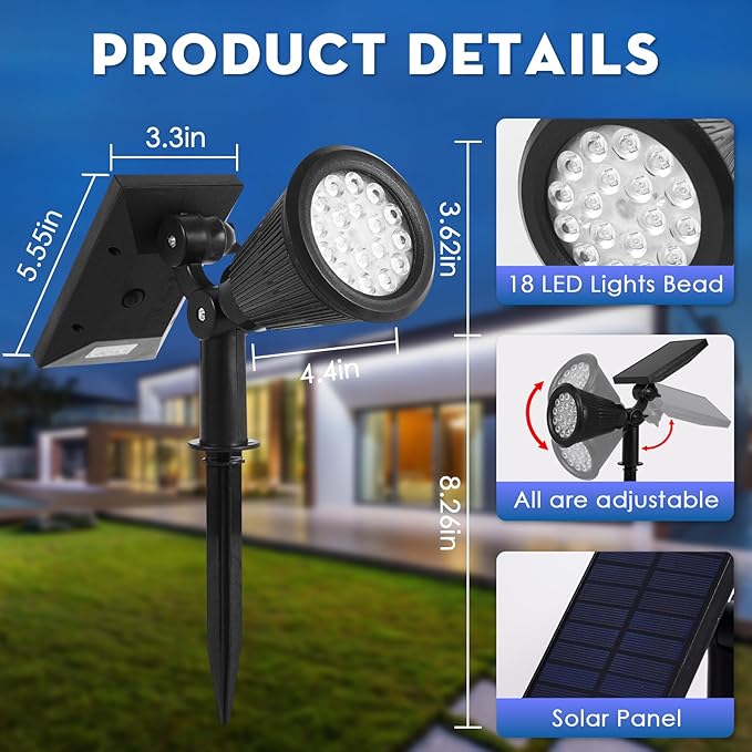 Solar Spot Lights Outdoor, 2-in-1 Wall Mount & Ground Stake 18 LEDs with 2 Lighting Modes, 7 Colors Changing, IP65 Waterproof Solar Landscape Lights for Garden, Pathway, Yard, Patio (1 Pack)