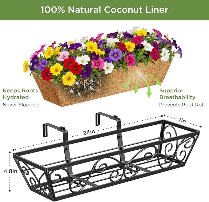 Y&M 24 Inch Window Deck with Coco Liner, Fence Metal Hanging Flower Planter Window Basket Deck Railing Planter Boxes for Outdoor Garden Lawn-Butterfly, 4pcs