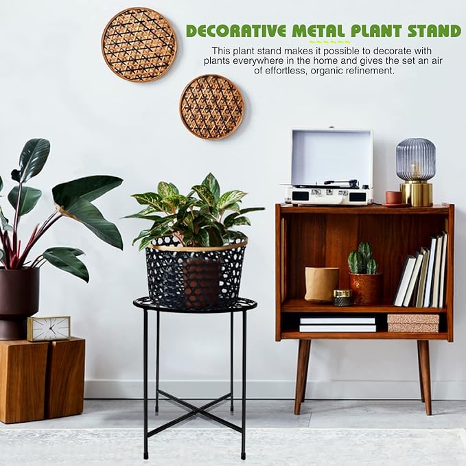 Plant Stand Indoor Outdoor, 15" Tall Flower Pot Stand, Round Metal Corner Plant Stand for Flower Pot, Rustproof Flower Plant Holder for Home, Garden, Patio, Plant Lovers, Housewarming (Set of 1)