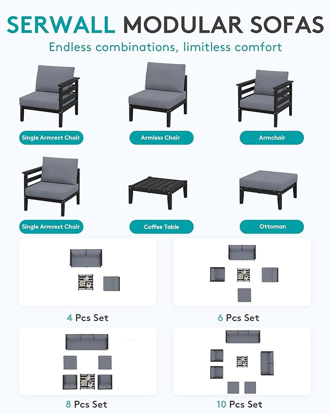 SERWALL HDPE Patio Furniture Set, 8 Pieces Composite Outdoor Furniture, All-Weather Wood-Like Outdoor Sofa Couch with Coffee Table for Deck, Lawn, Black Frame with Grey Cushion