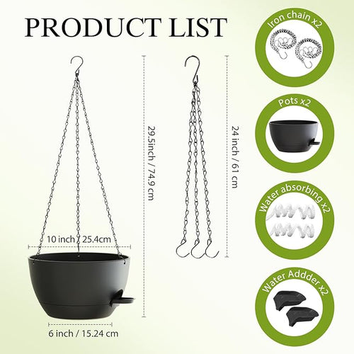 10 Inch Hanging Baskets 2 PC with Chains, Self-Watering Hanging Planters for Indoor Outdoor Plants, Plastic Hanging Flower Pots,Black