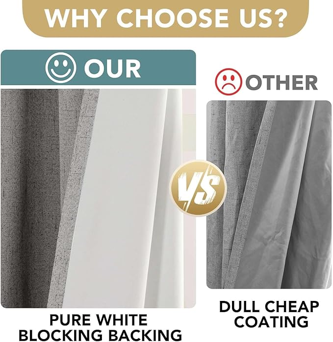 H.VERSAILTEX Linen Curtains 100% Blackout Curtains for Bedroom 90 inch Long Full Light Blocking Nature Linen Blended Window Curtains for Living Room Nickel Grommet (2 Panels, Dove Gray)