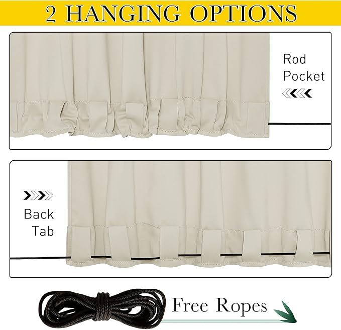 NICETOWN 2 Panels Waterproof Outdoor Curtains Fixed Grommet & Back Tab on Top & Bottom, Thermal Insulated Keep Rain & Sun Out Privacy Windproof Outdoor Draperies with Rope, W52 x L72, Beige