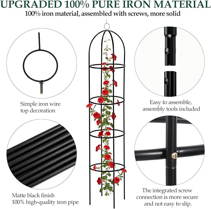 100% Metal Obelisk Trellis for Climbing Plants Outdoor Garden Tower Trellis 6.6ft, Plant Support with Garden Twist Tie for Tomato Cucumber Ivy Vines Rose Potted Plant Trellis Indoor 2 Pack