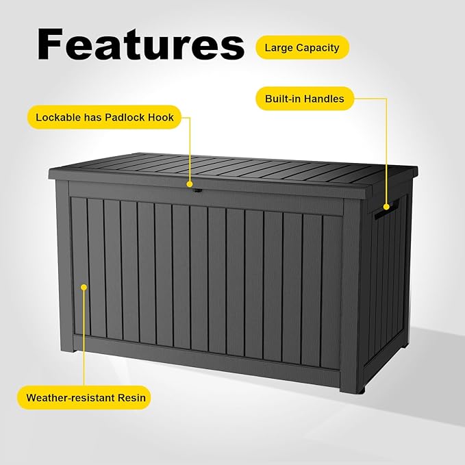 280 Gallon Outdoor Storage Box, Large Resin Deck Box for Patio Cushions, Garden Tools, Pool Accessories, Waterproof and Lockable Design, Storage Bench for Backyard & Deck(Black)