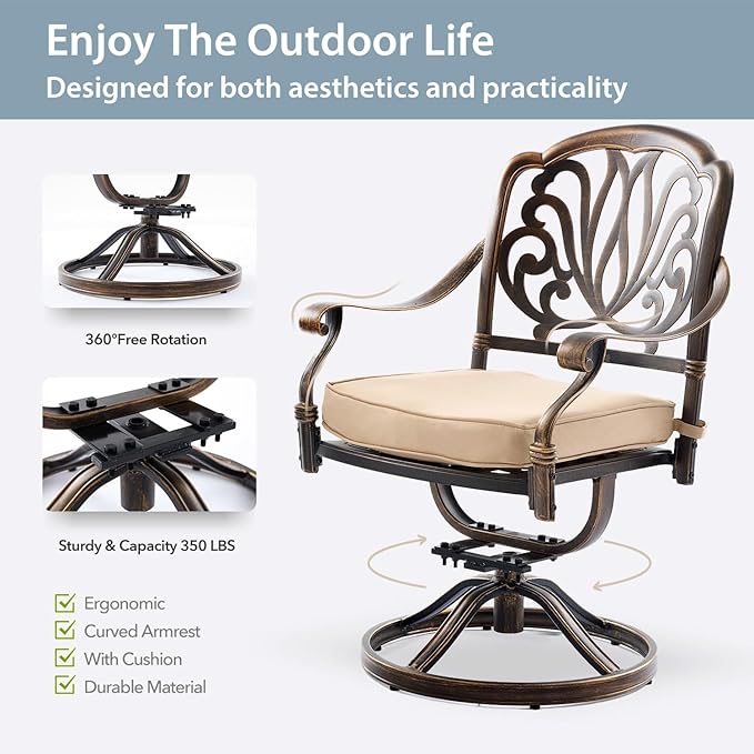 5-Piece Cast Aluminum Patio Furniture, Patio Dining Set for 4 Include 54" Round Outdoor Dining Table and 4 Swivel Chairs with Cushions & Umbrella Hole (Bronze)