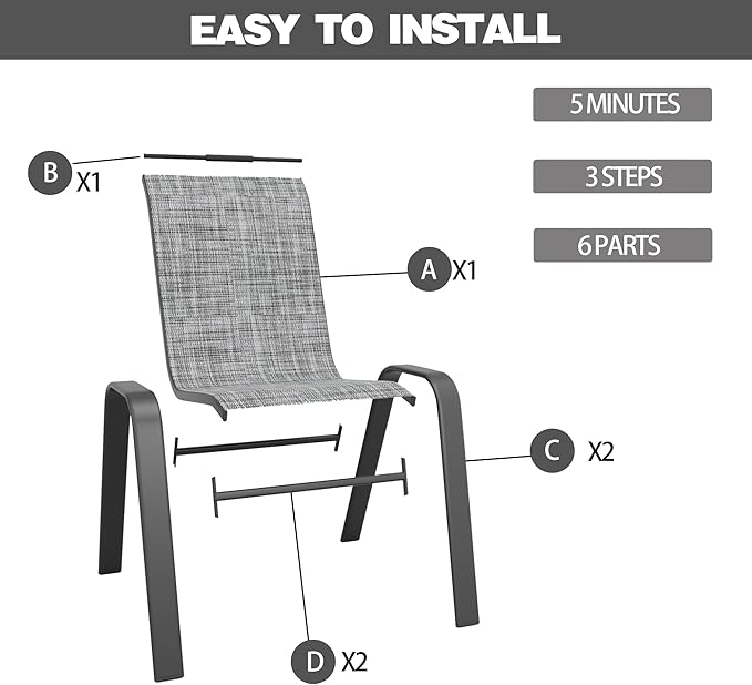 Patio Chairs Set of 8, Stackable Outdoor Dining Chairs for All Weather Textilene Fabric & Metal Frame, Outdoor Chairs Set for Backyard Deck Garden (Grey, Set of 8)