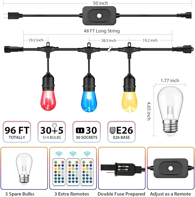 Mlambert 96Ft(2x48ft) Outdoor Patio Lights, RGB Dimmable Cafe String Lights with 30+5 Commercial Grade LED Edison Bulbs for Yard Balcony-Black 2 Pack
