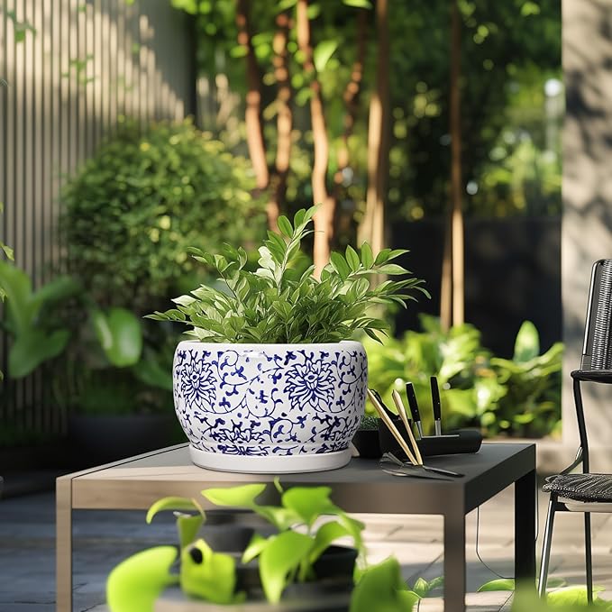 SQOWL Ceramic Pots for Plants - 10 Inch Ceramic Flower Pots with Drainage Hole and Saucer, Round Large Planter Indoor, Decorative Porcelain Planter Outdoor, Home Decor, Birthday Gifts, Blue and White