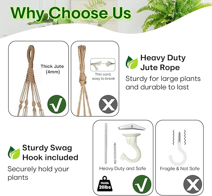 2PK 43 Inches Macrame Planter Hanger Large for 12 inch Pot + Swag Hook (Extra Long & Big) | Large Hanging Planter for Indoor Plants | No Tassel, Cotton Rope, NO Pot/Plant Included (Jute)(XL)