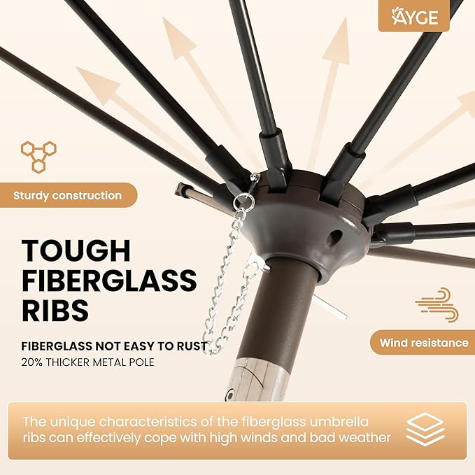 Ayge 9FT Large Outdoor Patio Umbrella Market Table Umbrella-UV Resistant, Easy Push Button Tilt and Crank, 8 Sturdy Fiberglass Ribs Heavy-Duty Pool Umbrella for Deck, Backyard,Garden,Light Grey