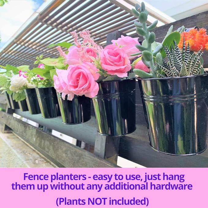 LaLaGreen Railing Planter 10 Pack, 6 Inch Hanging Flower Pot Black, Outdoor Large Metal Iron Fence Bucket, Balcony Garden Wall Deck Porch Patio Rail Decor Hanger Hook Farmhouse Balcony 6'''' (15cm)