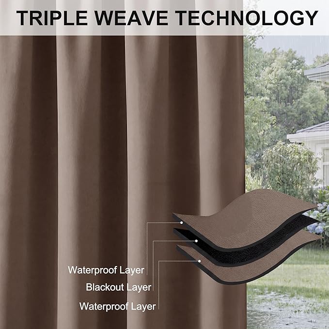 RYB HOME Extra Wide Outdoor Curtains for Patio Waterproof Heavy Duty Thermal Insulated in Summer Full Coverage Privacy for Gazebo, Cabana & Pergola, W100" x L120", Mocha, 1 Panel