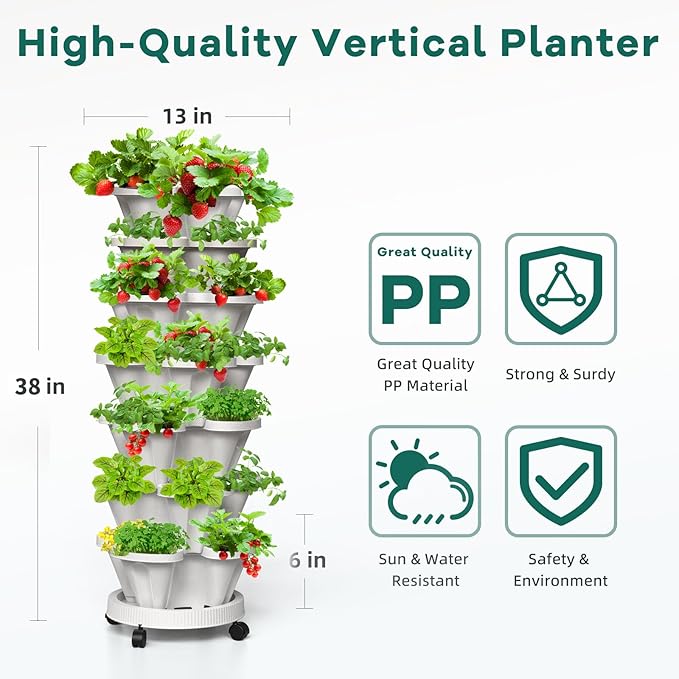 7 Tiered Strawberry Vertical Planter Tower Garden 3 Pack, Stackable Planter Herb Garden Planter with Movable Casters and Bottom Saucer Indoor and Outdoor - White