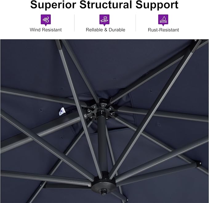 PURPLE LEAF 9'×9' Patio Umbrella with Base Outdoor Cantilever Umbrella with Cover Aluminum Square Offset Umbrella with 360-degree Rotation for Deck Pool Garden Navy Blue