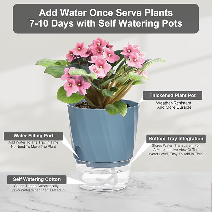 KIMCHOMERSE Self Watering Plant Pots, 6 Inch Plant Pots White, Pink, Blue, 3 Pack Flowers Pot Indoor Planter Pots with Tray for Spider Plant, Orchid, African Violet