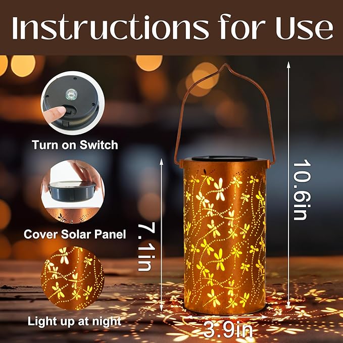 2 Pack Solar Lanterns Outdoor Hanging Lantern Lights, Dragonfly Hollowed-Out Metal Decor Lantern, Waterproof LED Decorative Garden Light - Delicate Garden Decoration for Patio, Yard