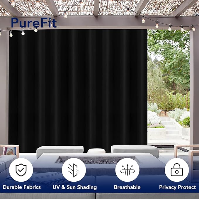 PureFit Outdoor Curtains for Patio Waterproof Weatherproof, UV Resistant Outside Curtains for Gazebo, Front Porch, Pergola, Sun Blocking Privacy Curtain, 100W x 95L inch, 1 Panel, Black