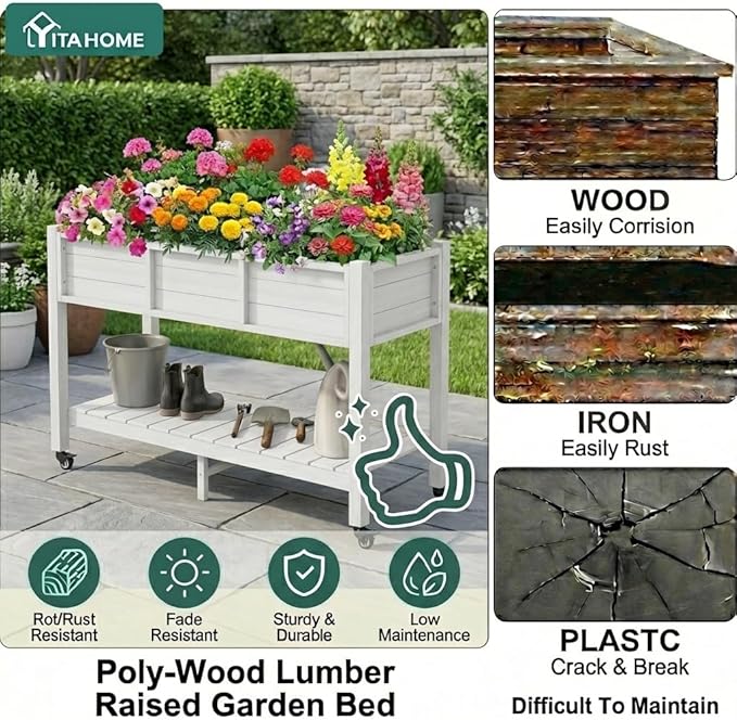 YITAHOME Raised Garden Bed HDPE, 47x18x31In Raised Flower Bed Poly-Wood Weather-Resistant Elevated Planter Box with Lockable Wheels & Storage Shelf for Vegetable Flower, White