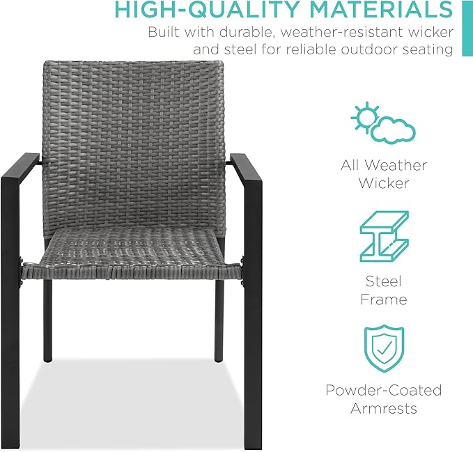 Best Choice Products Set of 2 Stackable Outdoor Wicker Dining Chairs All-Weather Firepit Armchair w/Armrests, Steel Frame for Patio, Deck, Garden, Yard - Gray